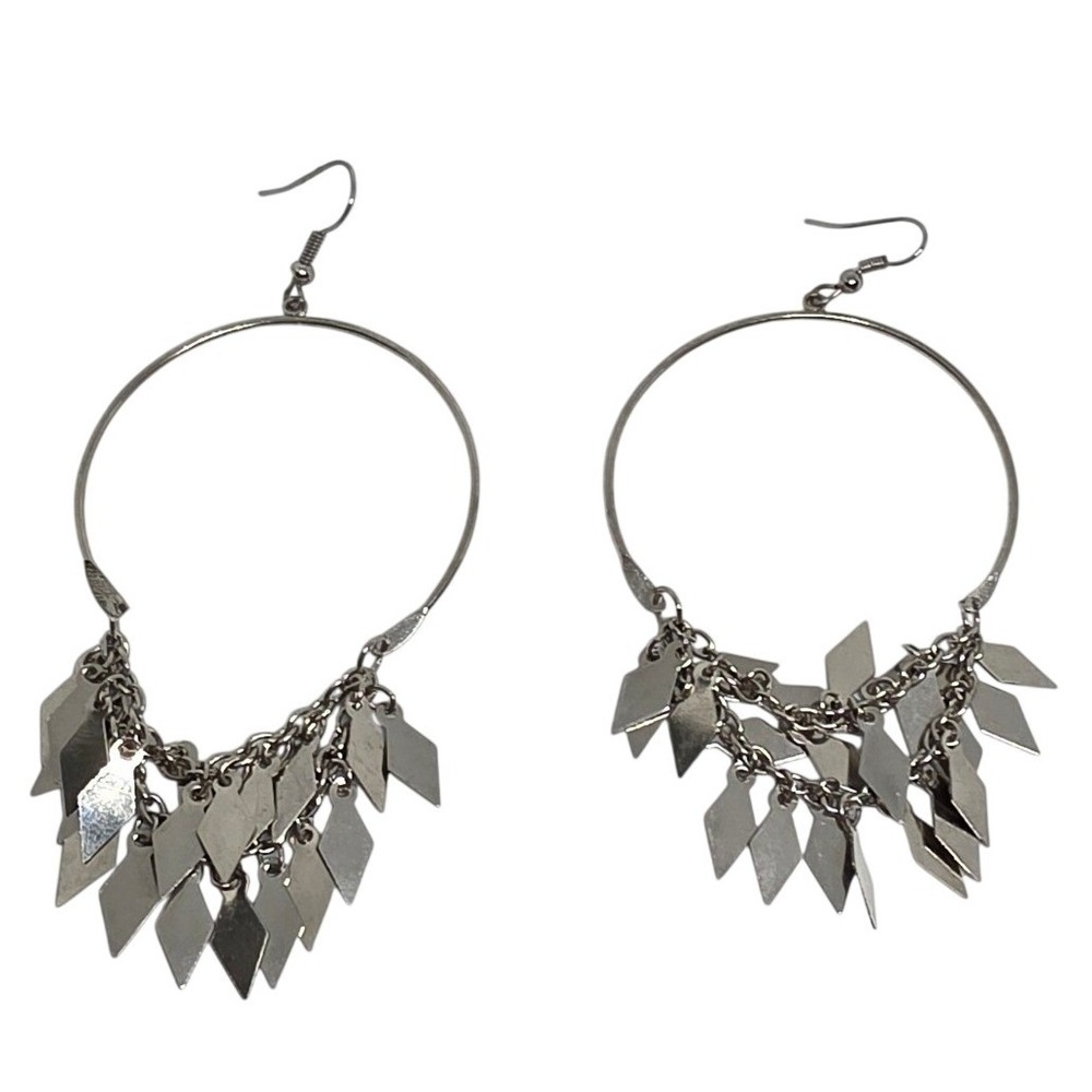 Large Hoop Dangle Earrings Silver Tone Diamond Shape Chandelier Statement